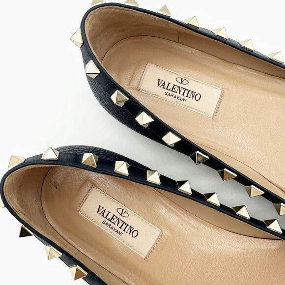 VALENTINO Rockstud Navy Blue Flat Size 37.5 Pointed Toe Leather Gold Stud - Picture 6 of 12